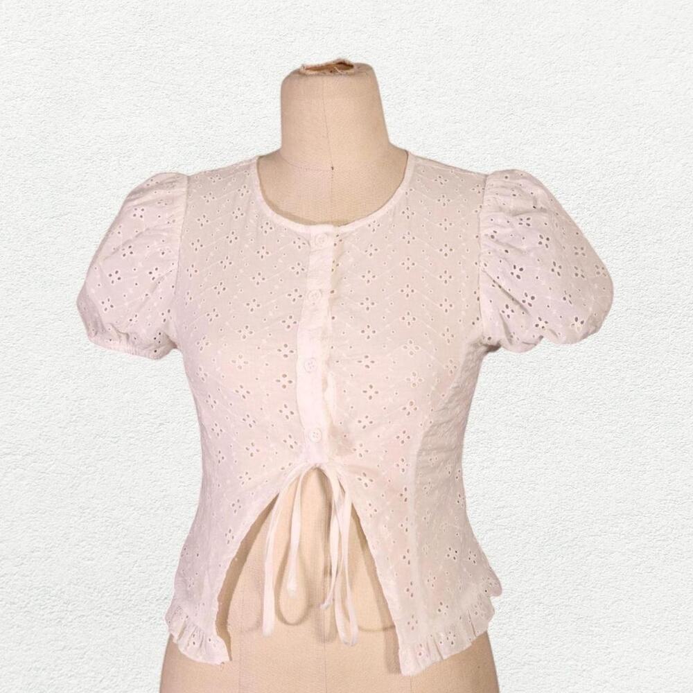 Lioness Bardot Top in Porcelain | Lace Eyelet Blouse in White